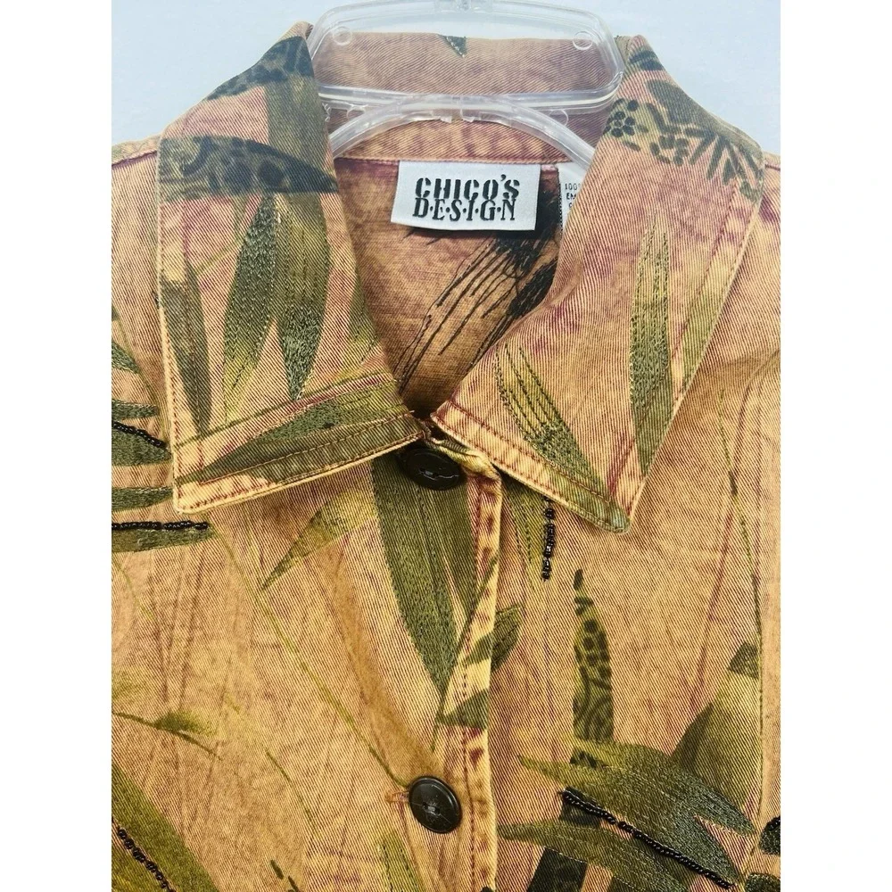 Chico's Design Womens Size 1/M Beaded Tropical Leaf Print Button Front Blazer